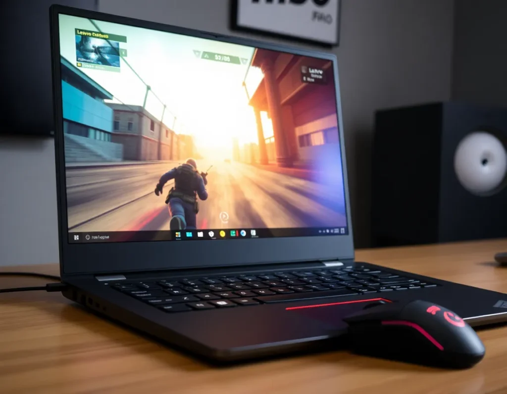 Gaming scene displayed on the Lenovo Legion Pro screen, FPS counter visible, fast action moment frozen, laptop angled slightly for depth, cool toned setup with a mouse next to the laptop, realistic lighting and clear details.