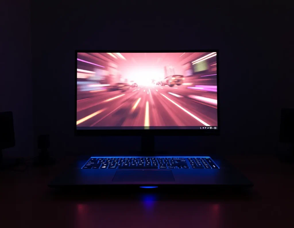 Lenovo Legion Pro open on a desk showing a bright high refresh rate display with smooth motion blur in a colorful game scene, dark room setup with subtle RGB lighting, soft blue reflections on the metal body, clean and modern look.