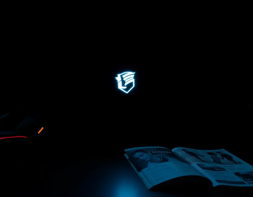 Lenovo Legion Pro closed on a desk with soft top light, the Legion logo glowing gently, gaming headset beside it, clean dark background, modern review magazine style, detailed and realistic.