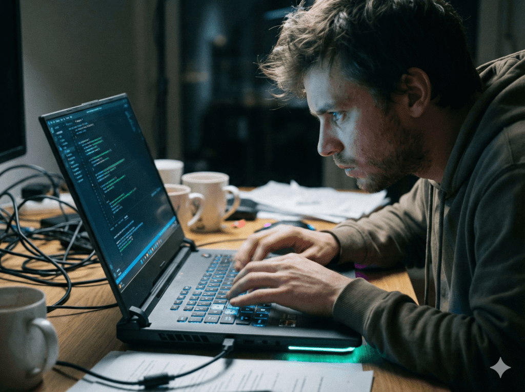 A candid, ultra-realistic editorial mid-shot capturing the raw intensity of a late-night development session in a dimly lit, cluttered workspace. The focal point is the imposing silhouette of an 18-inch ASUS ROG Strix G18 laptop, its substantial chassis and glowing RGB light bar cutting through the darkness, symbolizing the return of heavy-duty 'desktop replacement' hardware. A young engineer is hunched over the machine, their face bathed in the harsh, cool light of the screen displaying complex compiling code, capturing a moment of genuine exhaustion and focus. The composition includes authentic imperfections like ISO 1600 film grain, slight motion blur on the typist's hands, and a shallow depth of field (f/1.8) that blurs the background filled with stray cables and coffee cups, evoking a high-stakes, unscripted documentary atmosphere.