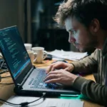 A candid, ultra-realistic editorial mid-shot capturing the raw intensity of a late-night development session in a dimly lit, cluttered workspace. The focal point is the imposing silhouette of an 18-inch ASUS ROG Strix G18 laptop, its substantial chassis and glowing RGB light bar cutting through the darkness, symbolizing the return of heavy-duty 'desktop replacement' hardware. A young engineer is hunched over the machine, their face bathed in the harsh, cool light of the screen displaying complex compiling code, capturing a moment of genuine exhaustion and focus. The composition includes authentic imperfections like ISO 1600 film grain, slight motion blur on the typist's hands, and a shallow depth of field (f/1.8) that blurs the background filled with stray cables and coffee cups, evoking a high-stakes, unscripted documentary atmosphere.