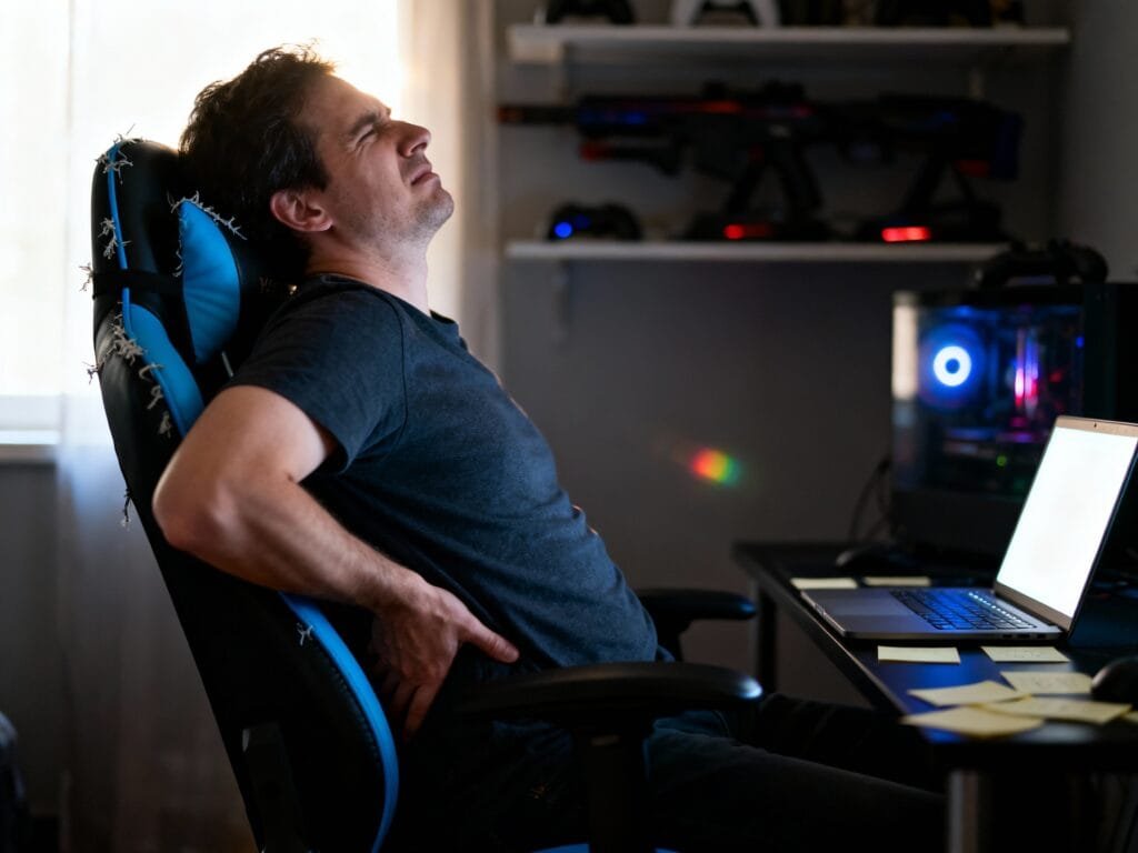 Ultra-realistic editorial photo of a remote worker captured mid-moment in a dim home office, leaning back slightly in a black-and-blue gaming chair with visible wear: loose stitching on the headrest, slight tilt in the frame, and a footrest partially extended. The worker adjusts their lower back with a tense expression, as if reacting to discomfort. A laptop glows on the desk beside scattered notes, hinting at long hours. Background shelves with blurred gaming gear emphasize the crossover between work and play. Shot in a candid mid-shot, hand-held documentary style with natural window light, slight motion blur on the worker’s hand, mild lens flare, and filmic grain ISO 1200. Background softly out of focus for realism, no stylization, no text.