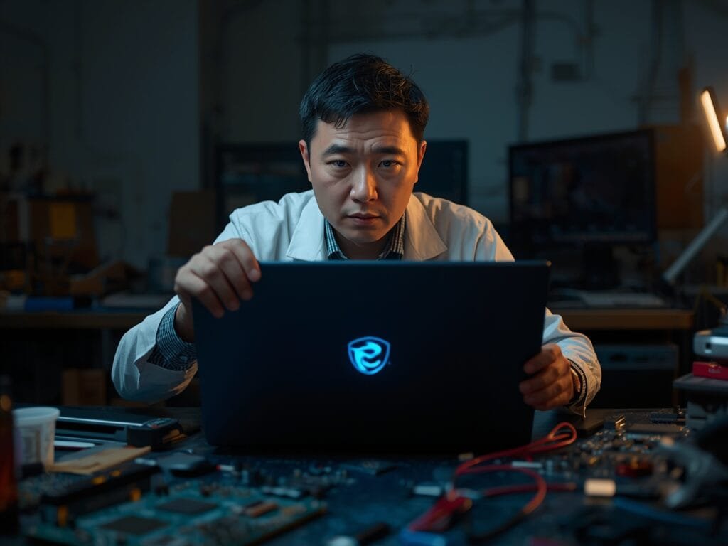 A candid mid-shot of an MSI engineer lifting the lid of a slim Prestige 2026 laptop, its OLED screen glowing softly in a dim tech lab. The exposed Intel Panther Lake chip rests on the table beside scattered tools, captured at the moment of motion. Slight motion blur, lens flare, ISO 1600 grain, shallow depth of field, ultra-realistic editorial documentary photography.