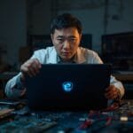 A candid mid-shot of an MSI engineer lifting the lid of a slim Prestige 2026 laptop, its OLED screen glowing softly in a dim tech lab. The exposed Intel Panther Lake chip rests on the table beside scattered tools, captured at the moment of motion. Slight motion blur, lens flare, ISO 1600 grain, shallow depth of field, ultra-realistic editorial documentary photography.