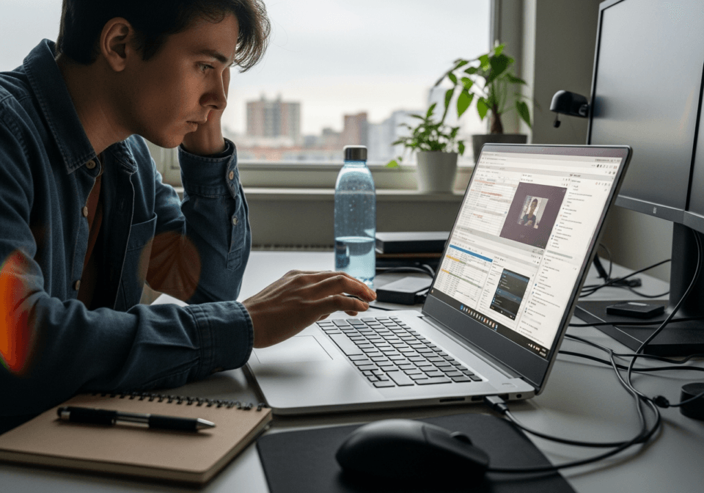 Ultra-realistic editorial photo, mid-shot of a young professional sitting at a modest home desk in soft morning light, caught mid-motion as they lean forward over a large 17-inch silver laptop with a wide screen filled with multiple open windows (spreadsheets, video call thumbnail, file explorer), fingers hovering above the backlit keyboard as if about to type. Their expression shows focused concentration and slight fatigue, hinting at long-term everyday use and heavy multitasking. On the desk: a reusable water bottle, a small stack of external drives, a recycled-paper notebook with a pen, and a simple desk plant to subtly suggest sustainability. Cables, a mouse, and a second monitor cable left unplugged introduce a touch of real-life clutter. The background is a small apartment living space and window, softly out of focus, with faint city buildings and a cloudy sky, reinforcing the idea of remote work and desktop replacement. Natural light from the window creates gentle highlights on the laptop lid and keys, with subtle lens flare near the edge of the frame, slight motion blur on the user’s hand, and visible grain equivalent to ISO 800–1600 for a documentary, filmic look. No visible brand logos or large text, candid framing as if the moment was captured in the middle of a busy workday, aspect ratio 4:3 horizontal.