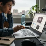 Ultra-realistic editorial photo, mid-shot of a young professional sitting at a modest home desk in soft morning light, caught mid-motion as they lean forward over a large 17-inch silver laptop with a wide screen filled with multiple open windows (spreadsheets, video call thumbnail, file explorer), fingers hovering above the backlit keyboard as if about to type. Their expression shows focused concentration and slight fatigue, hinting at long-term everyday use and heavy multitasking. On the desk: a reusable water bottle, a small stack of external drives, a recycled-paper notebook with a pen, and a simple desk plant to subtly suggest sustainability. Cables, a mouse, and a second monitor cable left unplugged introduce a touch of real-life clutter. The background is a small apartment living space and window, softly out of focus, with faint city buildings and a cloudy sky, reinforcing the idea of remote work and desktop replacement. Natural light from the window creates gentle highlights on the laptop lid and keys, with subtle lens flare near the edge of the frame, slight motion blur on the user’s hand, and visible grain equivalent to ISO 800–1600 for a documentary, filmic look. No visible brand logos or large text, candid framing as if the moment was captured in the middle of a busy workday, aspect ratio 4:3 horizontal.