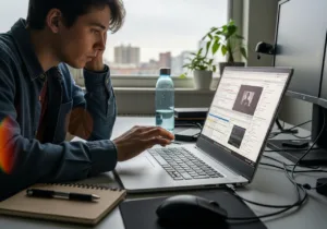 Ultra-realistic editorial photo, mid-shot of a young professional sitting at a modest home desk in soft morning light, caught mid-motion as they lean forward over a large 17-inch silver laptop with a wide screen filled with multiple open windows (spreadsheets, video call thumbnail, file explorer), fingers hovering above the backlit keyboard as if about to type. Their expression shows focused concentration and slight fatigue, hinting at long-term everyday use and heavy multitasking. On the desk: a reusable water bottle, a small stack of external drives, a recycled-paper notebook with a pen, and a simple desk plant to subtly suggest sustainability. Cables, a mouse, and a second monitor cable left unplugged introduce a touch of real-life clutter. The background is a small apartment living space and window, softly out of focus, with faint city buildings and a cloudy sky, reinforcing the idea of remote work and desktop replacement. Natural light from the window creates gentle highlights on the laptop lid and keys, with subtle lens flare near the edge of the frame, slight motion blur on the user’s hand, and visible grain equivalent to ISO 800–1600 for a documentary, filmic look. No visible brand logos or large text, candid framing as if the moment was captured in the middle of a busy workday, aspect ratio 4:3 horizontal.