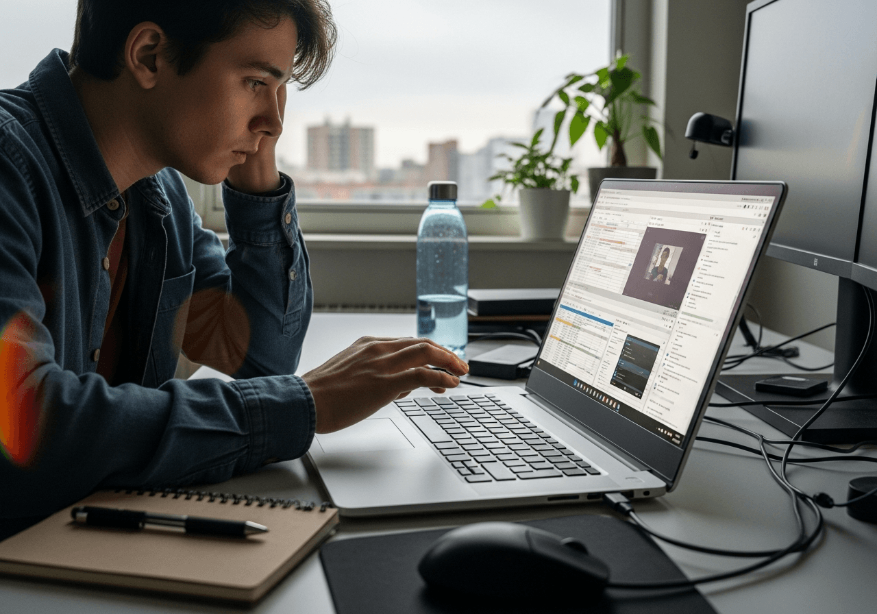 Ultra-realistic editorial photo, mid-shot of a young professional sitting at a modest home desk in soft morning light, caught mid-motion as they lean forward over a large 17-inch silver laptop with a wide screen filled with multiple open windows (spreadsheets, video call thumbnail, file explorer), fingers hovering above the backlit keyboard as if about to type. Their expression shows focused concentration and slight fatigue, hinting at long-term everyday use and heavy multitasking. On the desk: a reusable water bottle, a small stack of external drives, a recycled-paper notebook with a pen, and a simple desk plant to subtly suggest sustainability. Cables, a mouse, and a second monitor cable left unplugged introduce a touch of real-life clutter. The background is a small apartment living space and window, softly out of focus, with faint city buildings and a cloudy sky, reinforcing the idea of remote work and desktop replacement. Natural light from the window creates gentle highlights on the laptop lid and keys, with subtle lens flare near the edge of the frame, slight motion blur on the user’s hand, and visible grain equivalent to ISO 800–1600 for a documentary, filmic look. No visible brand logos or large text, candid framing as if the moment was captured in the middle of a busy workday, aspect ratio 4:3 horizontal.