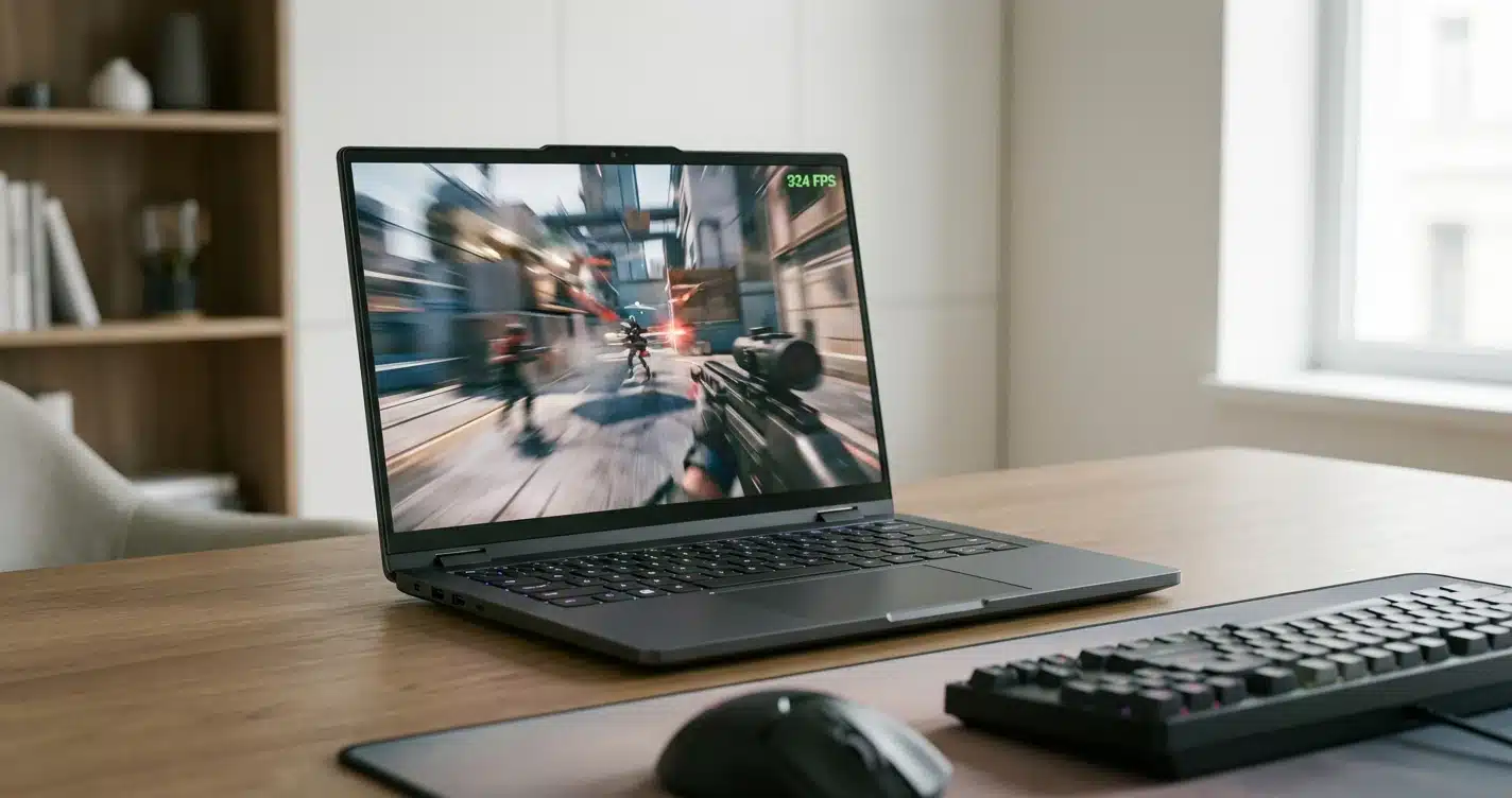 A sleek, modern 2026 gaming laptop showing a high-speed action scene from an esports game with a visible FPS counter hitting 300+.