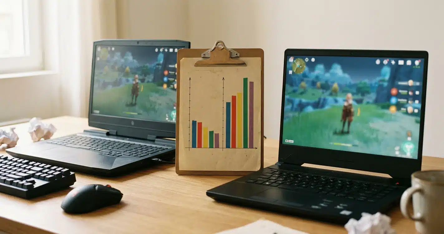 A side-by-side benchmark comparison chart showing FPS gains between 2024 and 2026 models in GTA 6.